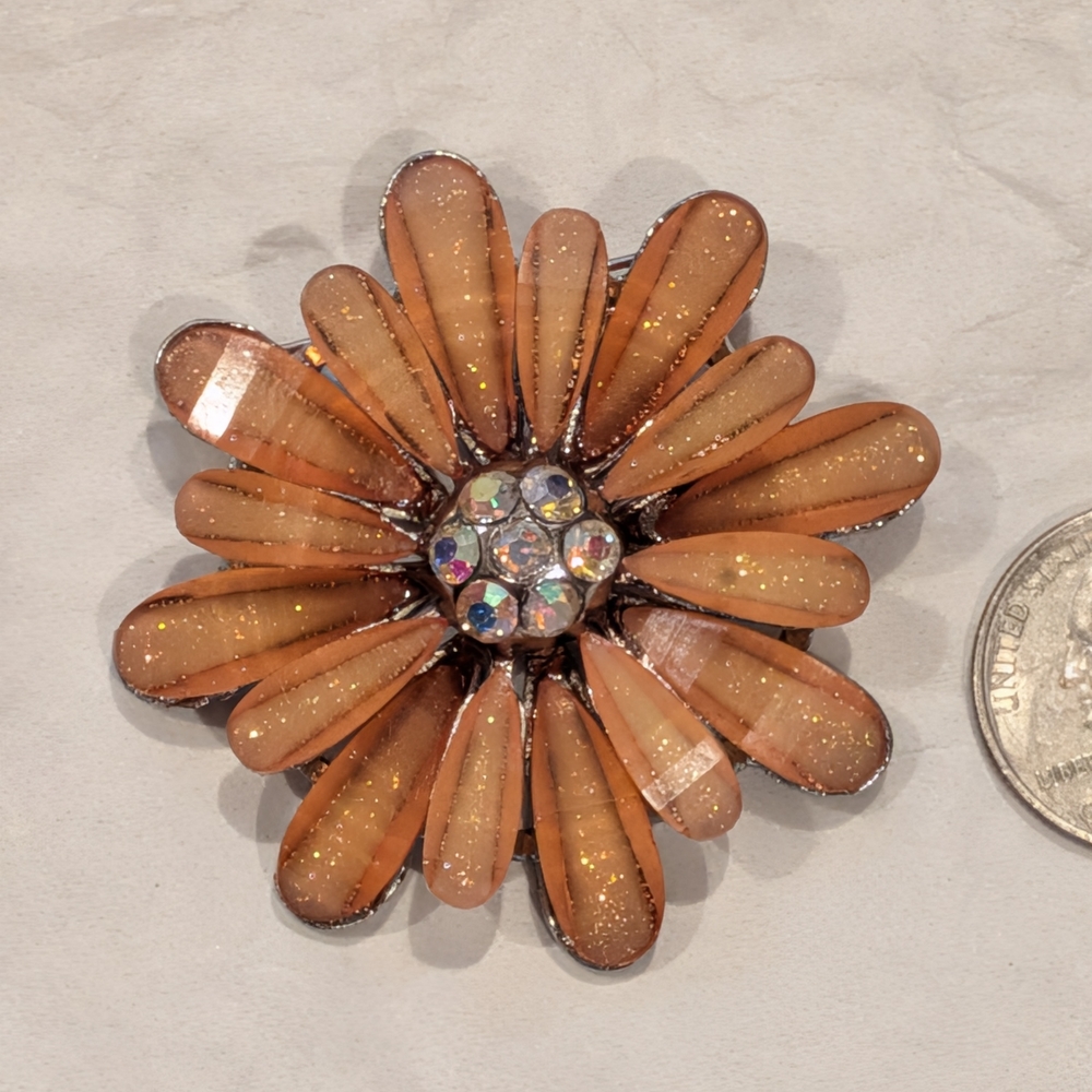 Orange Glitter Flower Brooch with Rhinestone Center